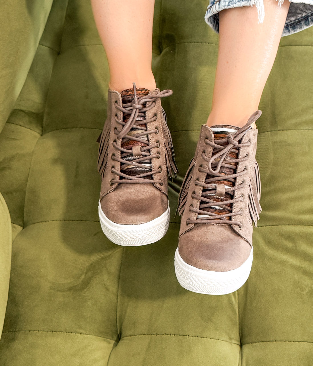 Nick Fringe Sneaker Wedge in Taupe
