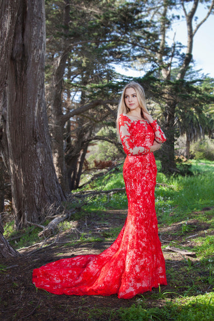 Coronation - Selena Huan Red Lace Long-sleeves Mermaid Gown Lace Colored Wedding Dress