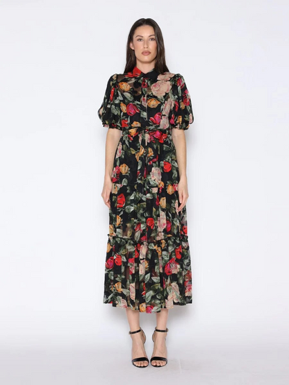 Floral Print Puff Sleeve Maxi Tie Belt Dress Gracia D36659