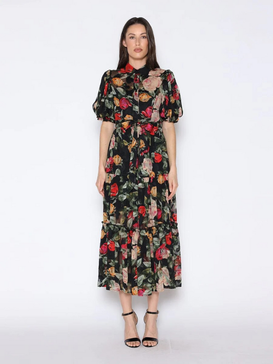 Floral Print Puff Sleeve Maxi Tie Belt Dress Gracia D36659